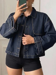 Dazy Plus Autumn Loose Fit Batwing Sleeve Denim Jacket With Turn-Down Collar, Contrast Stitching And Pocket, Casual Commute Streetwear Outerwear - Dark Wash - View 4