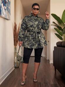 Slaydiva Spring/Autumn New Casual Streetwear Jacket For Women, Plus Size, Camouflage Pattern, Long Sleeve, Waist Splicing Ruffle A-Line Hem With Belt, Suitable For Daily Wear, Music Festival, Street, School, Back To School, Holiday, Modern Occasions - A - Army Green - View 10