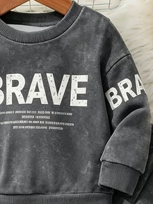 男嬰深灰色運動套裝，時尚 BRAVE 字母圓領衛衣與長褲，秋冬款，適合戶外與街頭穿著 - 彩色 - 查看 4
