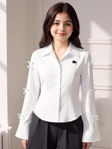 SHEIN Casuvi Kids 青少年女孩休閒圖案印花長袖上衣，圓弧下擺，返校季 - 彩色 - 查看 1
