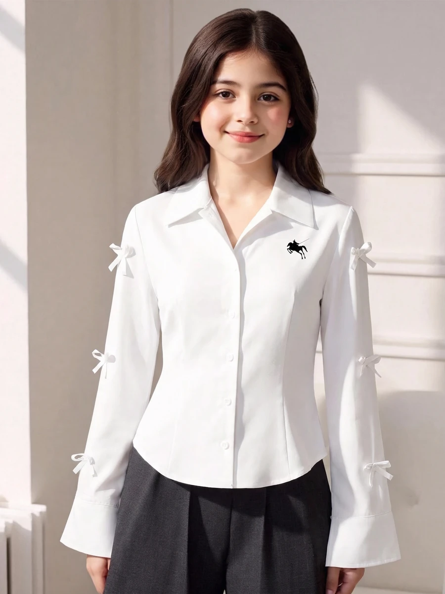 SHEIN Casuvi Kids 青少年女孩休閒圖案印花長袖上衣,圓弧下擺,返校季 - 彩色 - 查看 1