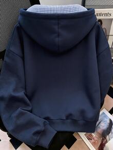 Resyla 女款外套上衣，秋冬新款，藍色、皇家藍，極簡百搭，辦公穿搭，女款連帽衛衣，復古格紋印花，藍白格紋，女款雙層夾克衛衣 - 藏蓝色 - 查看 2