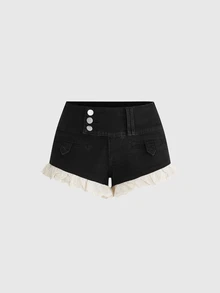 Sweetness Plus Size Women's Y2K Sweet Casual Cotton Ruffle Embroidered Lace Black Denim Shorts - Black - View 5