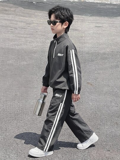 2pcs Kids Tween Boys Casual Sports Loose Comfortable Jacket & Pants Set, Gray, Suitable For Fall/Winter, School, Family Gathering, Back To School, Sports, FallOutfit, WinterOutfit, Birthday Party
