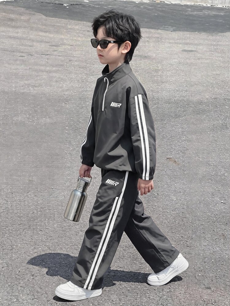 2pcs Kids Tween Boys Casual Sports Loose Comfortable Jacket & Pants Set, Gray, Suitable For Fall/Winter, School, Family Gathering, Back To School, Sports, FallOutfit, WinterOutfit, Birthday Party - Grey - View 1