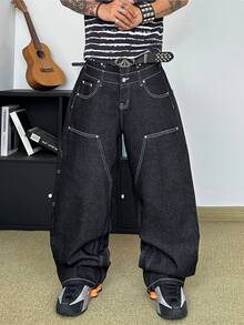 STEELVANCE Men's Streetwear Retro Fashion Versatile Distressed Washed Patchwork Studded Embroidered Design Loose Straight Wide Leg Casual Denim Jeans (Belt And Accessories Not Included) - Black - View 3