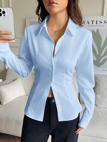 SHEIN EZwear 100%純棉淺天藍色女款休閒百搭款前開扣後收腰修身長袖襯衫，適合秋冬穿著 - 淺藍色 - 查看 5