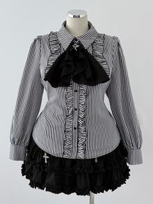 Sunspun Plus Size Women's Striped Casual Versatile Everyday Travel Shirt - Black and White - View 1