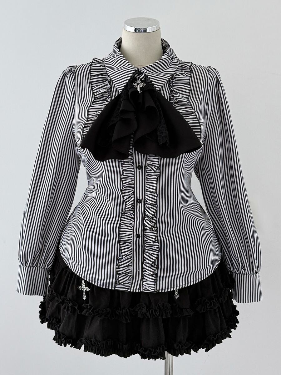 Sunspun Plus Size Women's Striped Casual Versatile Everyday Travel Shirt - Black and White - View 1
