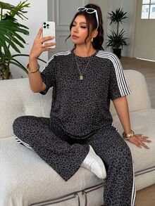 SHEIN EZwear 大尺碼女款豹紋拼色上衣與長褲休閒日常穿搭套裝 - 深灰色 - 查看 4
