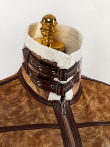 Amplova PU Composite Faux Fur Cropped Waist Jacket, Retro Dropped Shoulder, Autumn/Winter - Brown - View 9