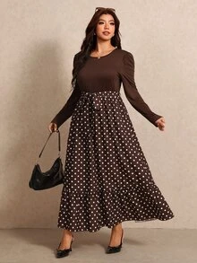 Elaquor Plus Size Women's Round Neck Puff Long Sleeve Polka Dot Hem Elegant Dress Fall/Winter Polka Dot Brown Dress For Women Elegant Going Out Brunch Dress - Brown - View 3