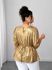 Elenzga Plus Size Women's Elegant Exquisite Gold-Tone Petal Sleeve Side Twist Ruched Slit Pearl Decor Woven Short Sleeve Blouse, Versatile For Daily Wear And Multiple Occasions - Gold - View 2