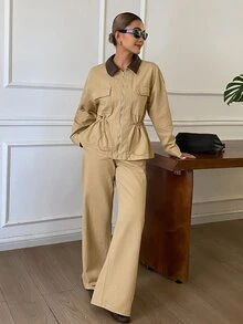 Strévra 秋季卡其色翻領鈕扣口袋裝飾短款牛仔外套搭配寬腿牛仔褲套裝 - 卡其色 - 查看 6