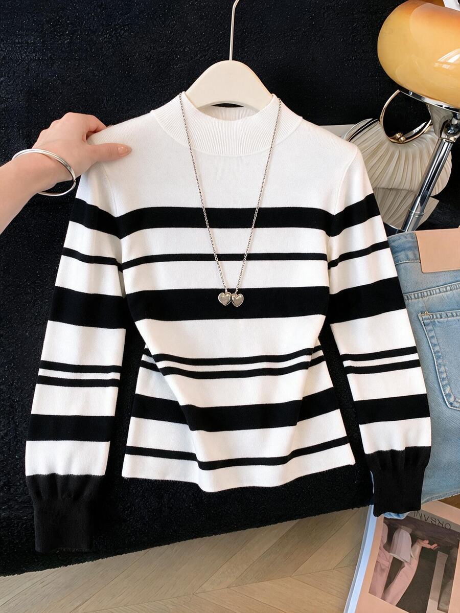 GlowEve 2000s Vintage Mock Neck Slim Fit Colorblock Knit Top, Flattering Neckline And Silhouette, Suitable For All Seasons - White - View 1