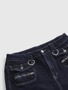 ROMWE Y2K Retro 7/10 Length Pants With Pocket Decor, Versatile Casual Stretch - Blue - View 3