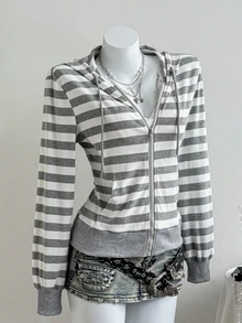 INAWLY European Women's Casual Hooded Grey Striped Knit Cardigan, Spring High Waist Short Jacket, Long Sleeve - Grey - View 5