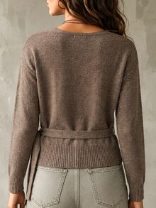 SHEIN 春秋法式裹領V領針織上衣 女款側綁帶收腰長袖修身襯衫 - 摩卡棕 - 查看 3
