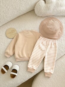 SHEIN 新生兒熊刺繡衛衣與條紋長褲套裝 - 卡其色 - 查看 2