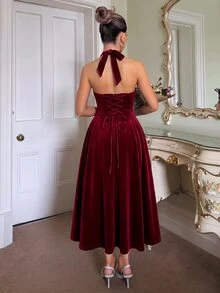 SHEIN 女款純色深V領掛脖天鵝絨洋裝 - 酒紅色 - 查看 2