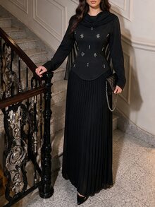 Modelyn طقم شال نسائي منسوج أسود بأكمام طويلة مزين بالراينستون وتصميم مطوي، رومانسي وأنيق للتنقل والحفلات والمواعيد والخروجات، طقم من قطعتين - الأسود - مشاهدة 5