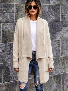 Wandoria Women's Autumn New Single Piece Lapel Hem Split Design Pocket Versatile Loose Regular Fit Solid Color Daily Commute Elegant High-End Knit Cardigan Top - Apricot - View 4