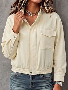 Breezaya Jaket Wanita Warna Polos, Bahu Longgar, Lengan Panjang, Resleting Depan, Saku Serbaguna, Cocok untuk Perjalanan Sehari-hari, Warna Beige, Musim Gugur, Kasual, Gaya Jalanan. - Khaki - View 4
