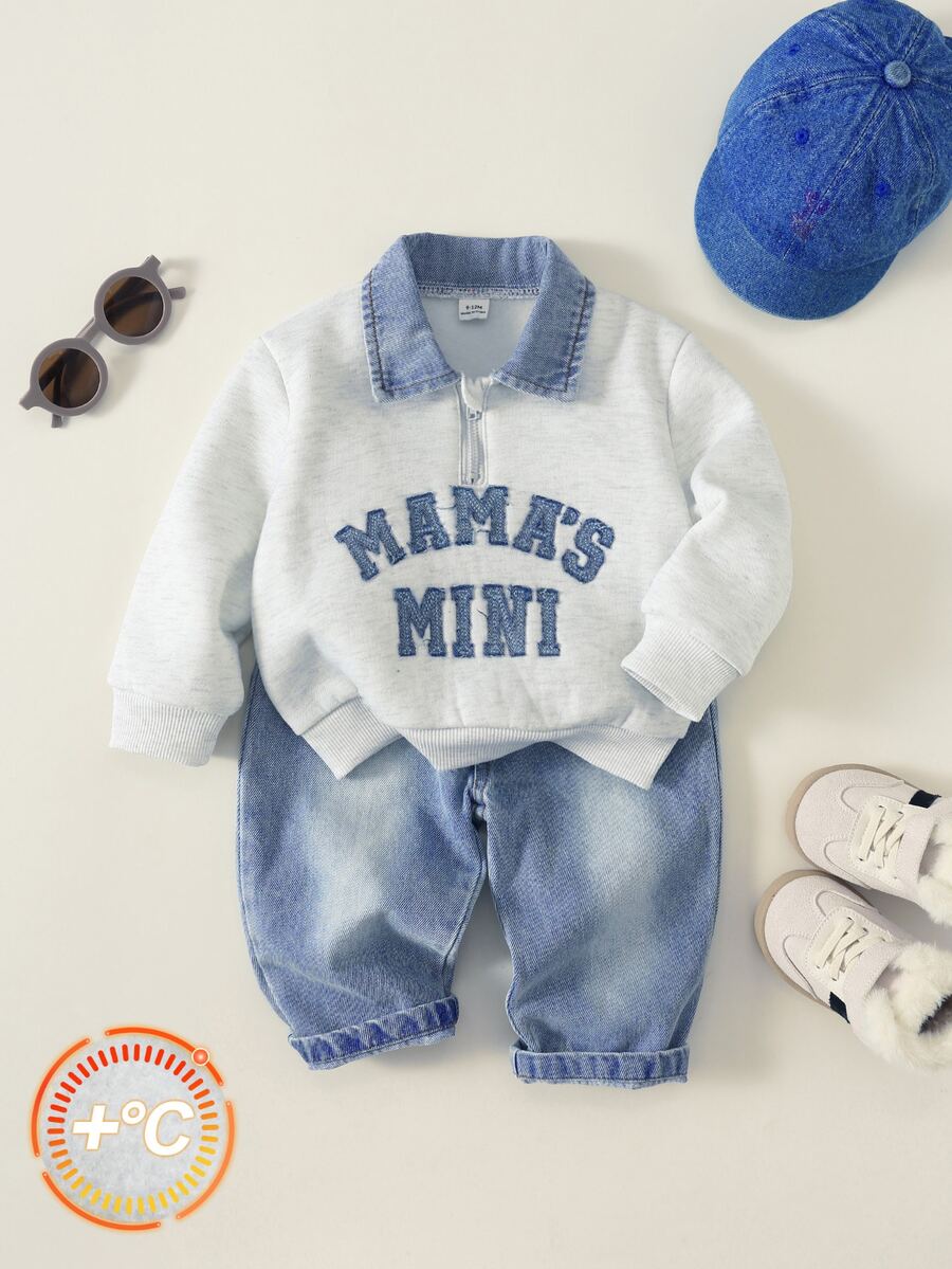SHEIN 2pcs Baby Boy Autumn/Winter Casual Polo Sweatshirt And Denim Jeans Set - Multicolor - View 1