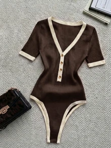 Franclia Women's Plus Size Colorblock V-Neck Short Sleeve Button Design Casual Bodysuit - Brown - View 5