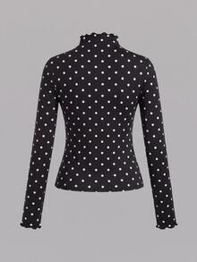 SHEIN EZwear 波點荷葉邊飾 2 件組休閒立領修身純色黑白長袖打底 T 恤，百搭秋冬上衣，適合日常通勤、約會、聚會、秋冬/夏季、聖誕節、新年、感恩節、派對、婚禮、海灘、畢業典禮，時尚優雅休閒外出約會穿搭 - 彩色 - 查看 8
