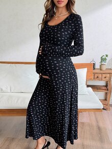 Dazy Maternity Ditsy Floral Fitted Elastic Square Neck Long Sleeve Casual Vacation Home Daily Spring Autumn Maternity Dress - Black - View 5