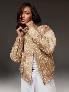 Athîral Denim 女款全印花休閒日常長袖牛仔夾克 - 卡其色 - 查看 1