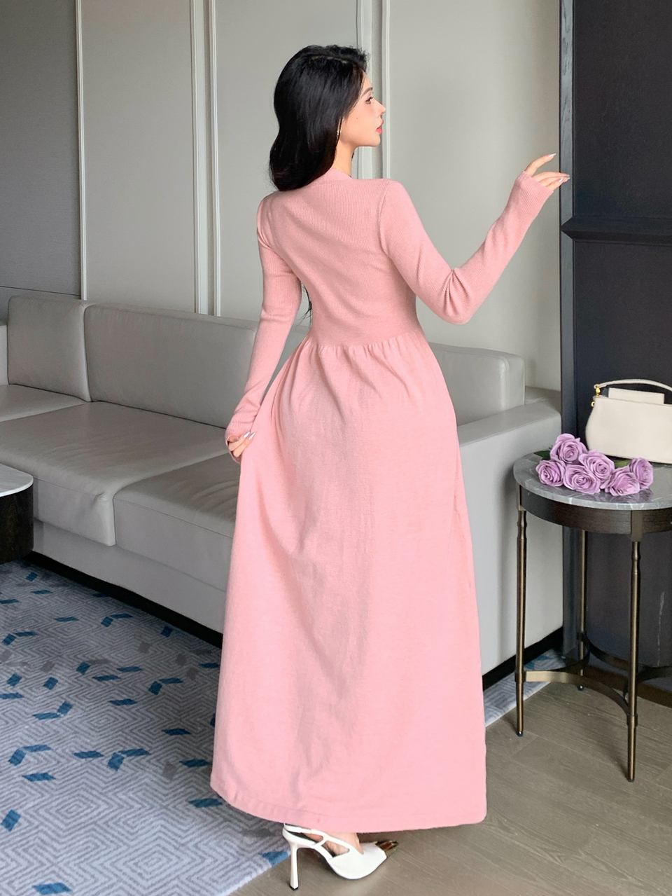 Women's Sweet Button Waist Long Sleeve Sweater Dress For Dating