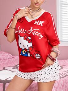 HELLO KITTY AND FRIENDS | SHEIN Women's Letter Cartoon Print V-Neck Raglan Short Sleeve Casual Top - Red - View 5