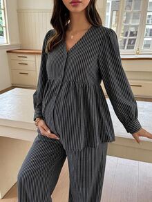 Dazy Maternity 時尚條紋套裝 寬鬆短袖上衣＋休閒長褲 日常穿著 孕婦 2件式套裝 - 黑色 - 查看 1