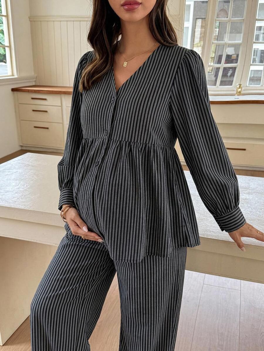 Dazy Maternity 時尚條紋套裝 寬鬆短袖上衣+休閒長褲 日常穿著 孕婦 2件式套裝 - 黑色 - 查看 1