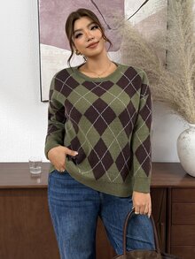 SHEIN Frenchy كنزة صوفية نسائية مقاس كبير برقبة دائرية وتصميم جانبي مهترئ فضفاضة وكاجوال ومريحة - متعدد الألوان - مشاهدة 6