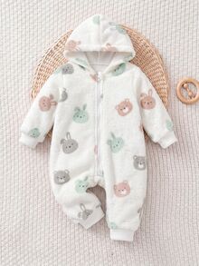 SHEIN Bộ romper có mũ cho trẻ sơ sinh, họa tiết thỏ hoạt hình, khóa kéo phía trước - Màu be - Xem 8