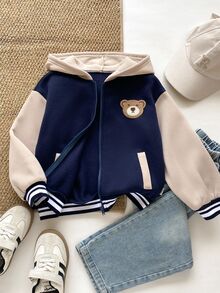 PrepCrw Young Boy Colorblock Bear Print Back Zipper Hooded Jacket - Multicolor - View 2