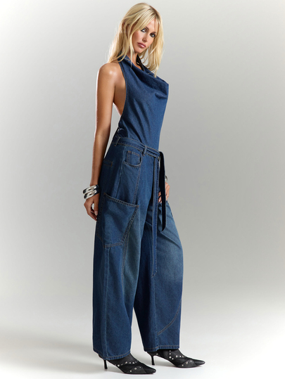 BAD SUNDAY Women's All-Season Halter Neck Backless Denim Jumpsuit, Versatile For Outings, Music Festivals, Y2K Retro Millennium Street Style