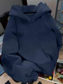 EMERY ROSE Plus Size Women's Solid Color Casual Hoodie Sweatshirt, Autumn/Winter - Navy Blue - View 1