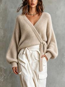 LUMIGAL Sweater Wanita Bergaya Vintage dengan Tali Pengikat untuk Liburan dan Perjalanan - Khaki - View 4