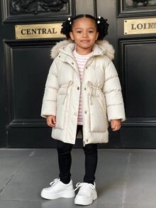 (少女) 填充外套，休閒百搭風格，棕色中長版收腰，冬季 - 米色 - 查看 2