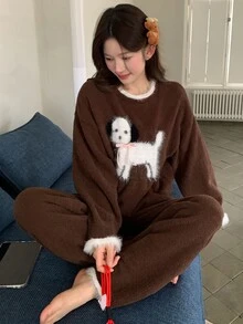 DAZY Happy Puppy Pattern Contrast Color Loose Knit 2-Piece Pajama Set For Women, Autumn/Winter - Coffee Brown - View 12