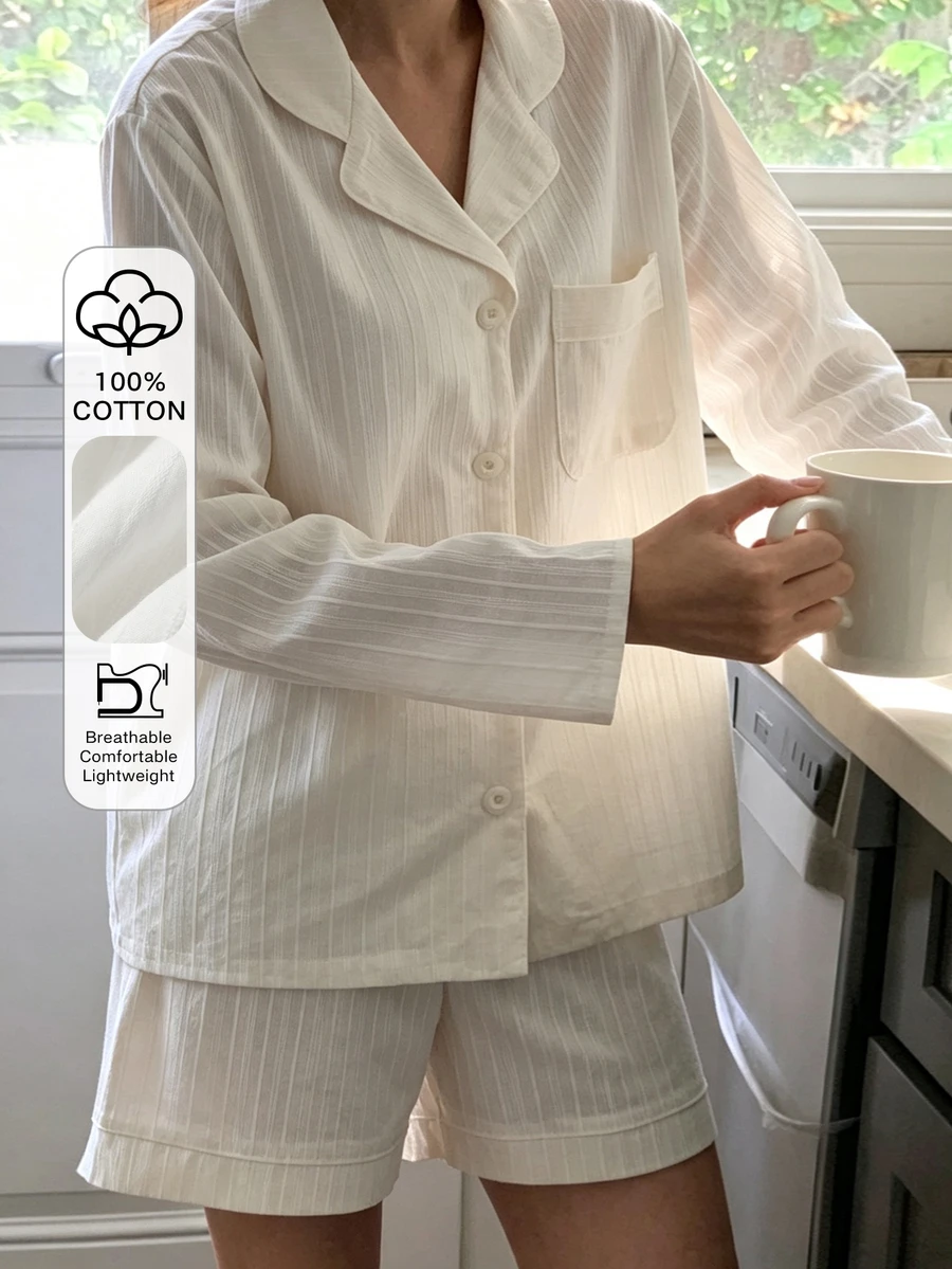 Livesso Women's Textured Button Long Sleeve Top And Shorts Loungewear Set Fall - White - View 1