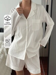 Livesso Women's Textured Button Long Sleeve Top And Shorts Loungewear Set Fall - White - View 4