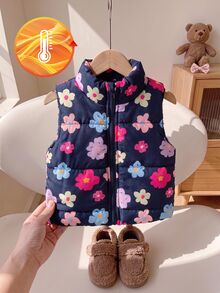 SHEIN 幼女加厚鋪棉背心 可愛甜美海軍藍粉色花卉印花 絎縫無袖立領 厚款戶外度假冬季外套 秋季 - 彩色 - 查看 4