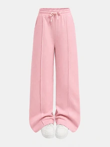 SHEIN Girlism 青少年女孩粉色抽繩休閒口袋運動長褲 - 粉色 - 查看 6