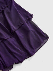 ROMWE Grunge Punk Women's Spring Break Concert Rave Festival Outfit, Sexy Punk Music Festival Party Multi-Layer Asymmetrical Ruffle Leopard Print Elastic Mesh Plus Size Skirt - Purple - View 5
