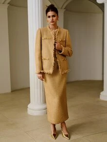 ZEYLAH Women's Plush Patchwork Casual Commute Travel Long Sleeve Blazer - Khaki - View 6